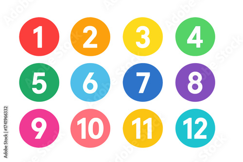 Bullet number points in colorful circles. Vector set from 1 to 12 for infographic design. Flat style buttons, icons, or markers for ordered lists, steps, and presentations.