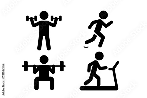 Stick figure fitness exercise icon set. Man doing workout in gym. Vector pictograms of running, treadmill cardio, weightlifting with dumbbells and barbell squat. Training.
