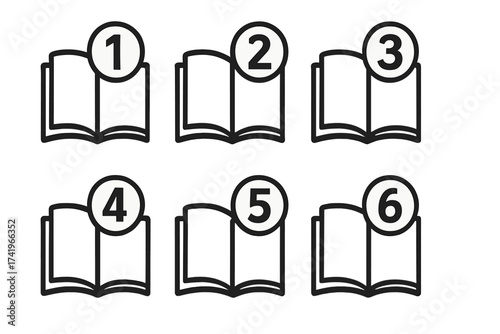 Book chapter icon set with numbers 1 to 6. Vector graphic for ordered steps or progression. For guide, manual, tutorial, or table of contents. Infographic learning elements.