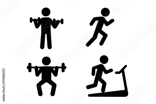 Stick figure fitness and exercise icon set. Vector pictograms for workout, gym, and training. Includes dumbbell curls, barbell squats, running, and treadmill cardio symbols.