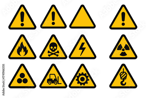 Danger warning sign collection. Hazard safety symbol set. Vector icons for caution, attention, toxic, electric, flammable, radiation, forklift, and industrial risks. Isolated.