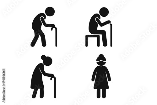 Stick figure elder person icon set. Vector of senior, retired, grandfather, grandmother, old people. Man, woman with walking cane. Grandparents silhouette pictogram symbol.