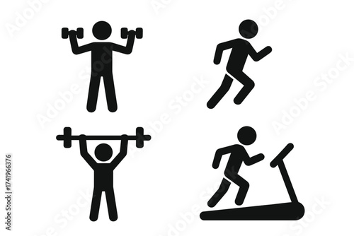 Stick figure fitness exercise icon set. Man doing workout in gym. Vector pictograms of running, training on treadmill, lifting dumbbell and barbell. Healthy lifestyle symbol.