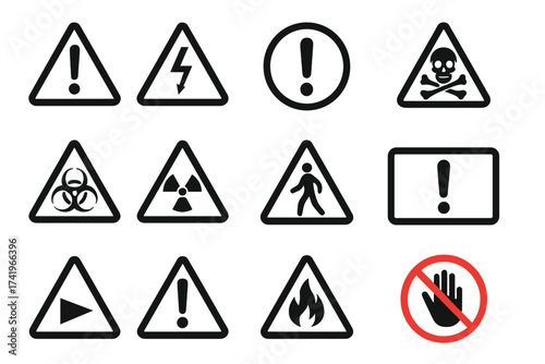 Danger warning caution sign set. Hazard safety symbols. Attention alert vector collection. Biohazard, radiation, poison skull, high voltage, flammable fire, pedestrian, stop.