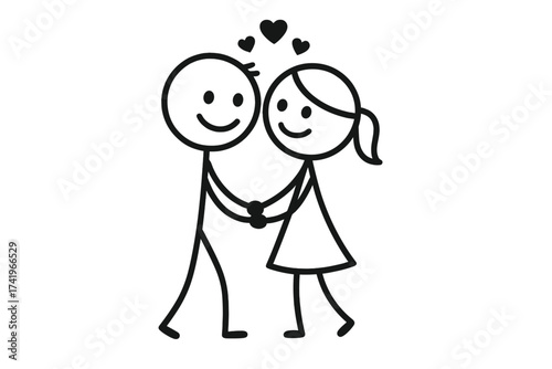 Stickman couple in love vector illustration. Simple stick figures, man and woman, dating and holding hands. Cute doodle for Valentine's day. Relationship, romance concept.