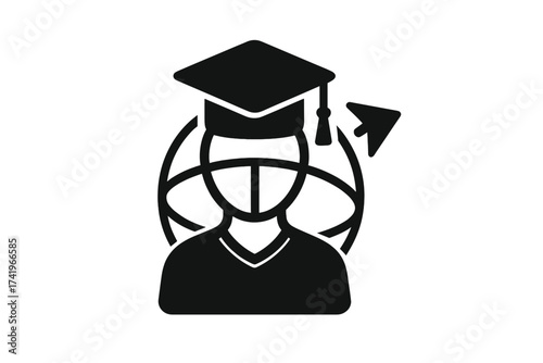 Study abroad icon. International education concept. Student exchange program symbol. Global learning and university graduation vector. Person with cap and globe for overseas studies.