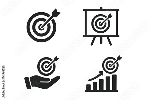 Business goal and objective icon set. Target with arrow for marketing strategy and sales. Mission success, achievement, and growth concept. Vector illustration for web and presentation.