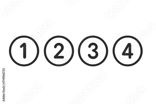 Circle vector icon set with number bullet points 1, 2, 3, and 4. Black outline numeric symbols for ordered lists. Infographic step by step process or progress markers.