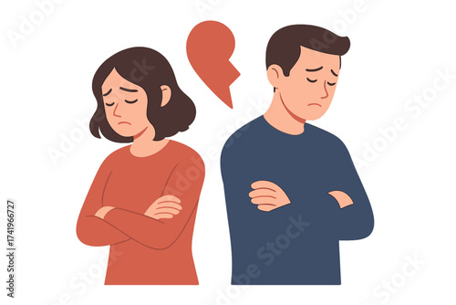 Divorce and breakup concept. Unhappy couple in conflict. Man and woman separation with broken heart symbol. Relationship crisis and family problems. Sad vector character illustration.