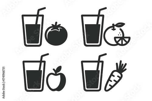 Juice icon set vector illustration. Fresh fruit and vegetable drinks. Apple, orange, carrot, tomato juice in a glass with straw. Healthy food concept for smoothie bar menu.