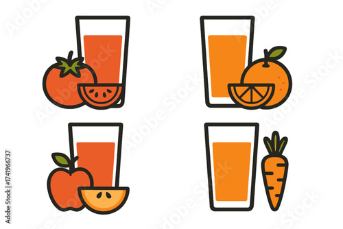 Fresh juice icon set. Vector illustration of healthy drinks. Tomato, orange, apple, and carrot juice. Fruit and vegetable glass. Smoothie. Vitamin drink. Natural beverage concept.