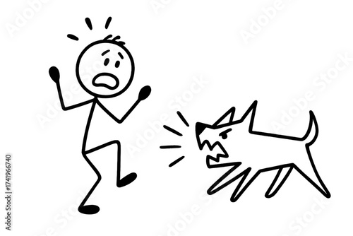 Dog attack vector illustration. Stick figure scared of an aggressive, barking dog. Man afraid of a biting pet. Cynophobia, fear of dogs, and animal phobia concept. Hand drawn.