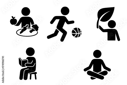 Vector icon set of stick figures in healthy lifestyle activities: diet, sports, eco-friendly, reading, yoga. Pictograms for well-being, balance, self-care, mental & physical health.