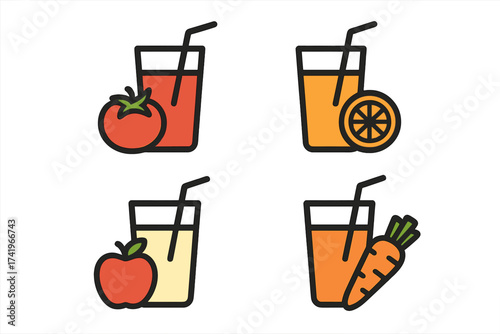 Juice icon set. Fresh fruit vegetable drink collection. Tomato, orange, apple, carrot juice vector illustration. Healthy natural beverage for diet menu graphic design.