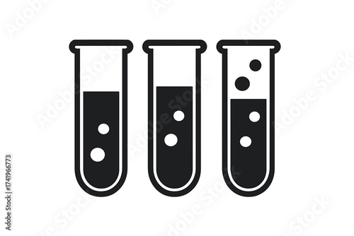 Test tubes vector icon set. Laboratory chemistry symbol. Scientific experiment and research concept. Lab glassware with liquid and bubbles. Chemical reaction. Flat illustration.