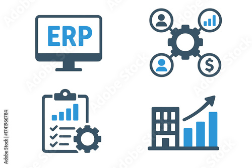 ERP icon set for Enterprise Resource Planning. Business process automation and management system. Company integration for finance, HR, and data analysis. Vector concept.