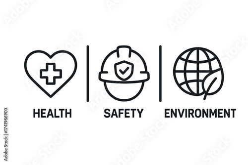 HSE icon set for Health, Safety, and Environment. Vector banner illustration for business industrial concept. Occupational safety, workplace protection, and ecology standard.