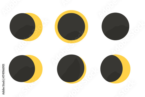Solar eclipse stages vector illustration set. Sun and moon celestial event. Astronomy phenomenon infographic. Partial, annular, and total eclipse phases cycle concept design.