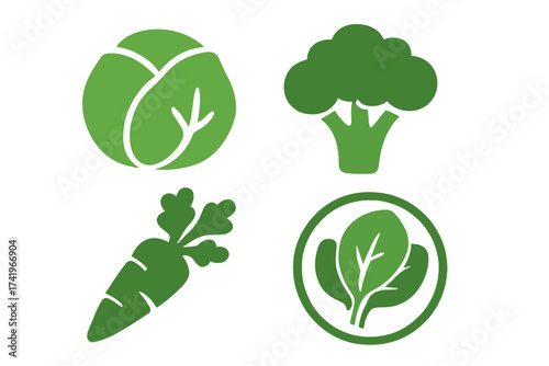 Healthy food icon set. Green vegetable vector collection. Cabbage, broccoli, carrot, spinach symbols for vegan, vegetarian diet. Organic food sign for natural product label.