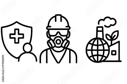 HSE icon set for Health, Safety, and Environment. Vector line art for occupational protection, industrial compliance, worker safety, and environmental care business concept.