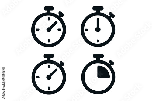 Timer icon set. Stopwatch and clock face vector illustration. Simple flat chronometer symbol for measuring time, deadline, or countdown. Minimalist time management glyph.
