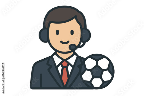 Football commentator character in flat design. Soccer sportscaster or announcer with headset and ball. Man in suit for live game broadcast or analysis. Vector icon symbol.