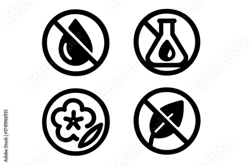 Solvent free, chemical free, waterless icon set. Vector label for packaging. Natural cotton symbol. Eco friendly, non toxic, no artificial ingredients product badge illustration.