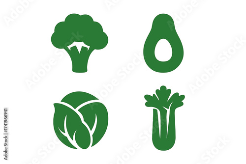 Healthy food green vegetable icon set. Vector illustration of broccoli, avocado, cabbage, celery. Healthy eating, vegan, vegetarian diet symbols. Organic food graphic elements.