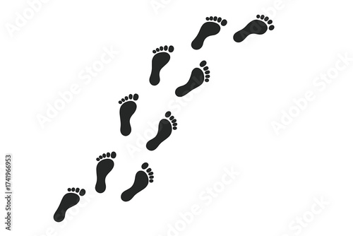 Human footprints vector trail. Black silhouette foot prints path. Concept of following steps, tracking a journey, walking progress. Barefoot people sign design illustration set.