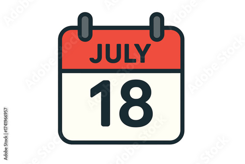 July 18, modern calendar icon. Daily date page for schedule, reminder, appointment. Event symbol, month of July organizer. Vector illustration with transparent background.