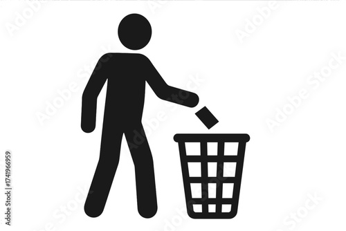 Trash can vector icon. Person throws garbage in the bin. Man discarding rubbish in a wastebasket. Tidy man symbol. Litter sign. Waste disposal and recycling concept design.