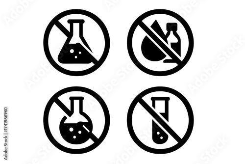 Solvent free icon set vector badge. No chemical preservatives, paraben free, no artificial additives label. Non-toxic organic natural product symbol. Eco sticker collection.