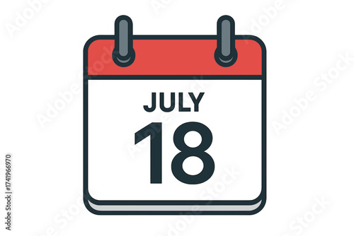 July 18 calendar icon. Date, day, and month of July. Modern vector graphic for daily planner, schedule, reminder, appointment, and deadline. Summer event organizer symbol.
