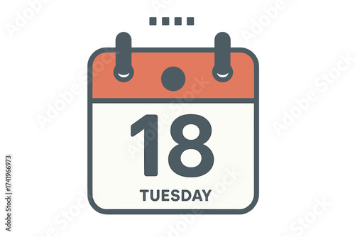 Calendar icon for date, day, month. Tuesday 18. Daily schedule, appointment, reminder, event. Organizer, planner symbol. Vector illustration in flat style. Isolated graphic.