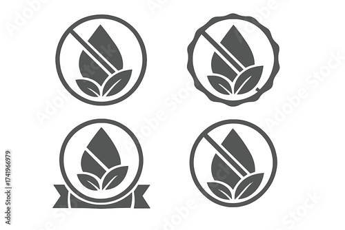 Solvent free icon vector badge set. No chemical additives label. Natural, organic product sticker. Paraben and silicone free symbol. Eco friendly packaging element illustration.
