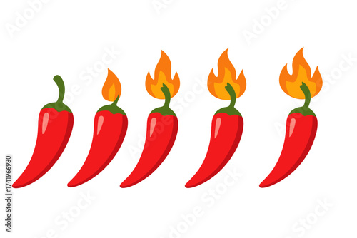 Spicy level meter with chili pepper icons. Red hot chili peppers with fire flame for ranking food heat. Vector illustration isolated on white. Mild, medium, hot scale.