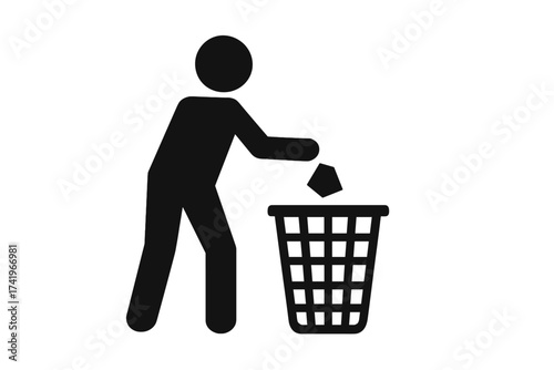 Person throws trash in bin vector icon. Man disposing garbage in a basket symbol. Waste disposal & recycling sign. Rubbish management pictogram. Keep clean, do not litter.