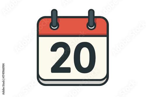 Vector flat design calendar icon. July 20, twenty of the month. Daily date and day of the year symbol. Schedule, appointment, reminder, event, deadline and time management.