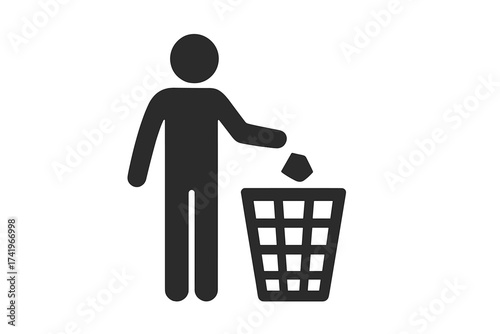 Trash can vector icon. Man throwing garbage in a bin. Rubbish disposal symbol. Waste management concept. Person silhouette dropping litter. Recycling and clean environment sign.