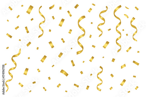 Golden confetti falling. Gold ribbon serpentine for party celebration background. Luxury festive decoration element. Winner concept vector illustration isolated on transparent.