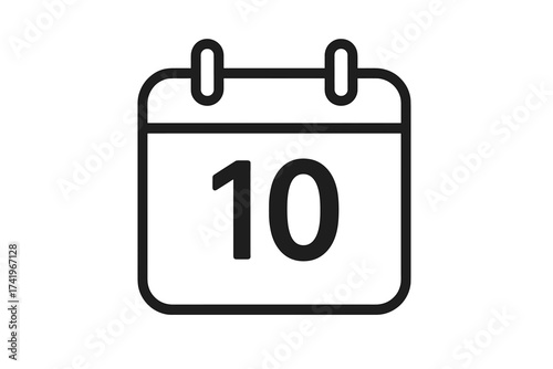 Calendar icon with number 10. Tenth day of the month. Date, schedule, appointment, reminder, and deadline concept. Simple black outline vector for event planner. Symbol.