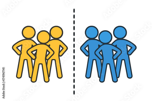 Team versus team concept. Two groups of stick figures, yellow vs blue, facing each other in opposition. Vector illustration for business or political division and comparison.