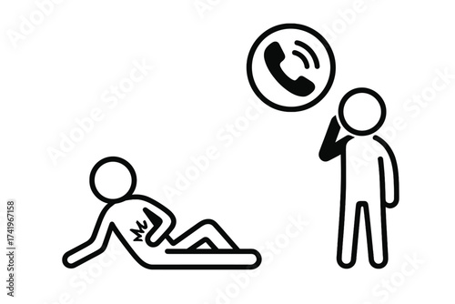 Stick figure calls 911 for an injured friend after an accident. Emergency medical help concept. Man down, assistance needed. Urgent first aid response vector icon illustration.