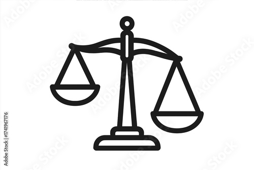 Unbalanced scale of justice vector icon. Symbol of inequality, unfairness, and injustice. Legal imbalance, court bias concept. Law and judgment sign. Libra illustration.