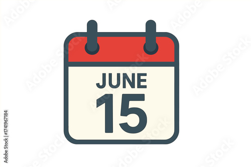 June 15, fifteenth of the month. Vector flat design of a daily calendar icon. Date and day of the year. Schedule, appointment, event reminder symbol. Business organizer graphic.