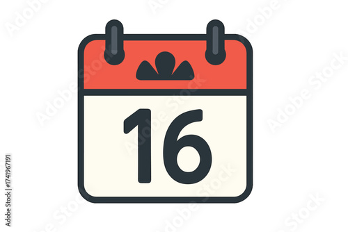 Vector flat design daily calendar icon. Date 16th day of the month. June 16. Day of the year. Schedule symbol. Organizer, planner pictogram. Reminder, appointment, event mark.