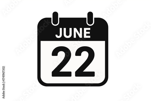 June 22 calendar icon. Twenty-second day of the month. Date and month vector illustration for schedule, appointment, or event reminder. Simple black and white design element.