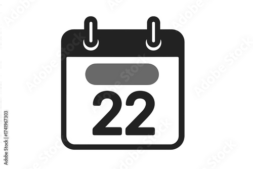 Calendar icon with number 22. Day twenty-two. Date and month symbol. Vector illustration for schedule, appointment, reminder, event. Planner, organizer, deadline concept.
