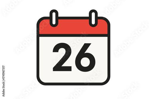 Calendar icon date 26. Day twenty-six. Schedule appointment symbol. Event reminder design. Flat vector illustration for web and print. Month, year, time, deadline concept.