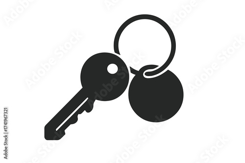 Key on keyring with tag vector icon. House key symbol for real estate, property and security. Simple silhouette illustration for concepts like access, safety, privacy, and home ownership.